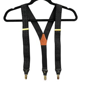 Vintage Black Argyle Print Elastic Suspenders - O/S